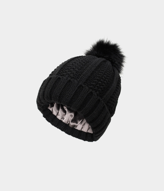 SATIN POMPOM BEANIE.